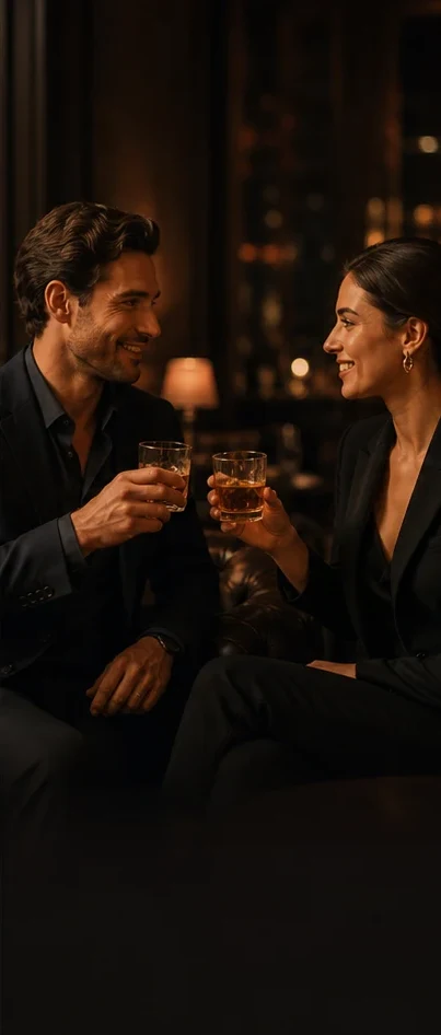 Two professionals sharing drinks after work in an elegant lounge